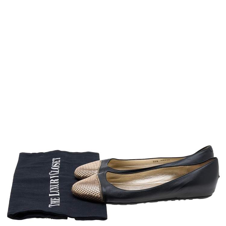 Pre Owned Jimmy Choo Black Leather Waine Chainmail Cap Toe Ballet Flats Size 38.5