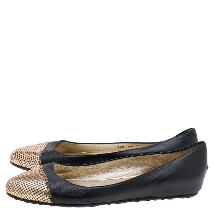 Pre Owned Jimmy Choo Black Leather Waine Chainmail Cap Toe Ballet Flats Size 38.5