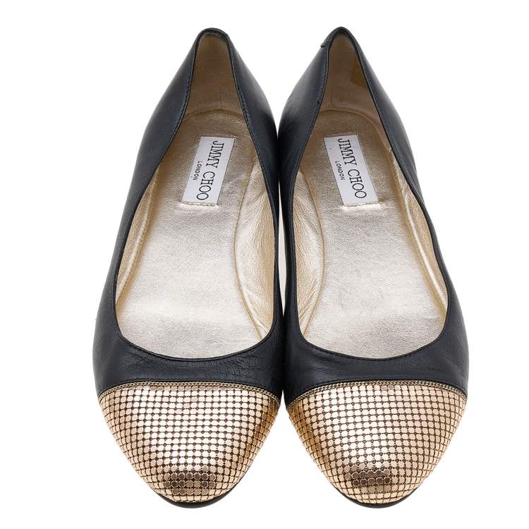 Pre Owned Jimmy Choo Black Leather Waine Chainmail Cap Toe Ballet Flats Size 38.5