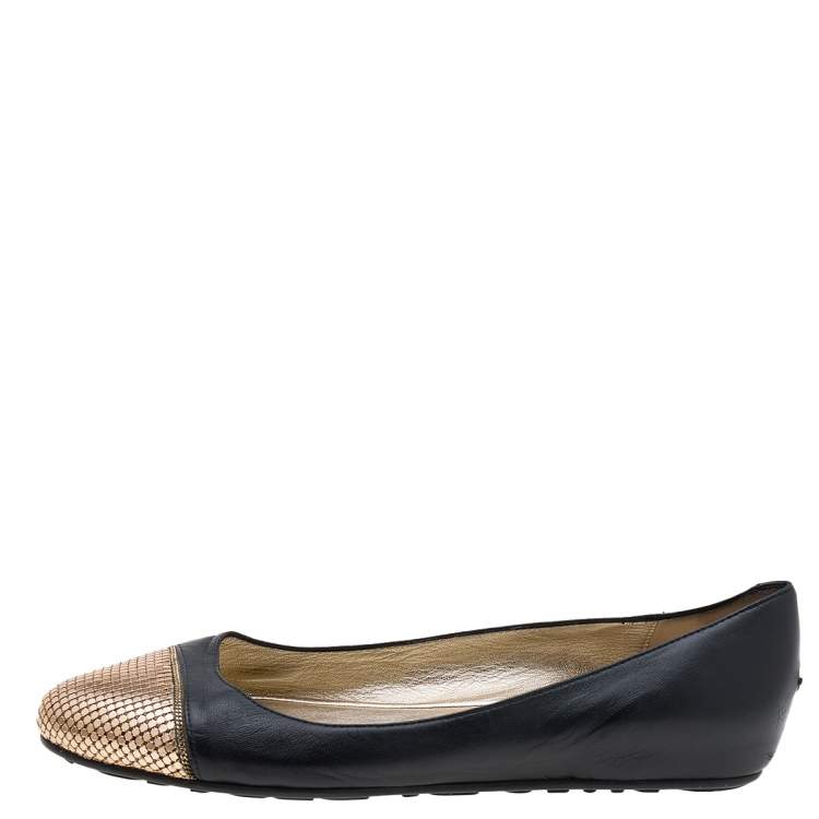 Pre Owned Jimmy Choo Black Leather Waine Chainmail Cap Toe Ballet Flats Size 38.5