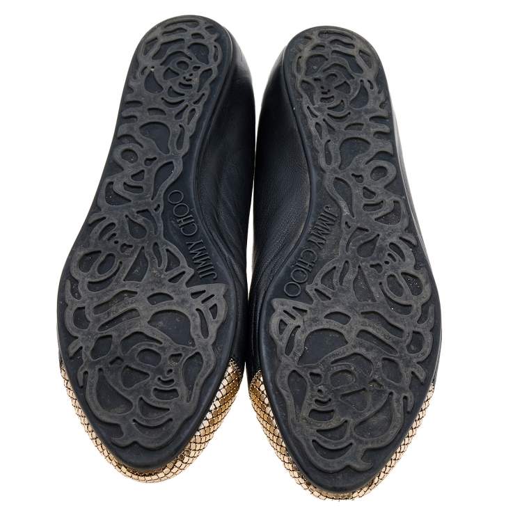 Pre Owned Jimmy Choo Black Leather Waine Chainmail Cap Toe Ballet Flats Size 38.5