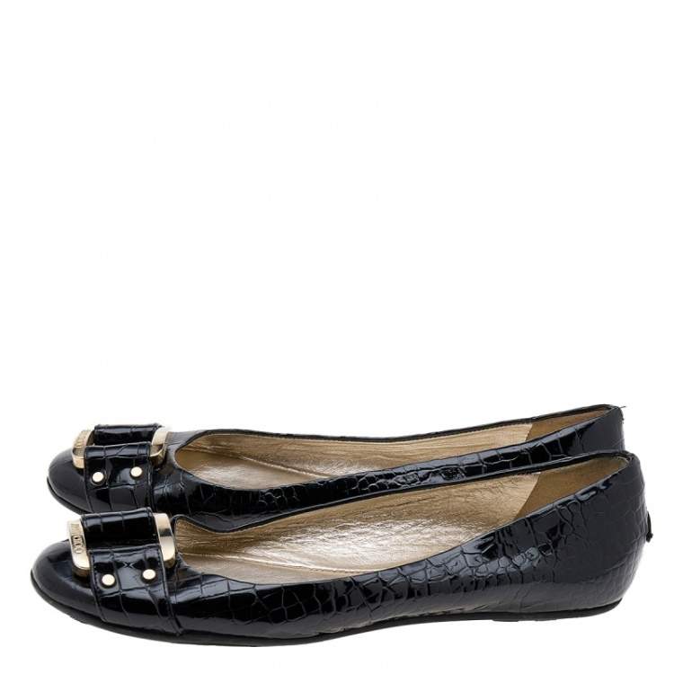 مملوكة مسبقًا Jimmy Choo Black Croc Embossed Patent Leather Morse Buckle Ballet Flats Size 39