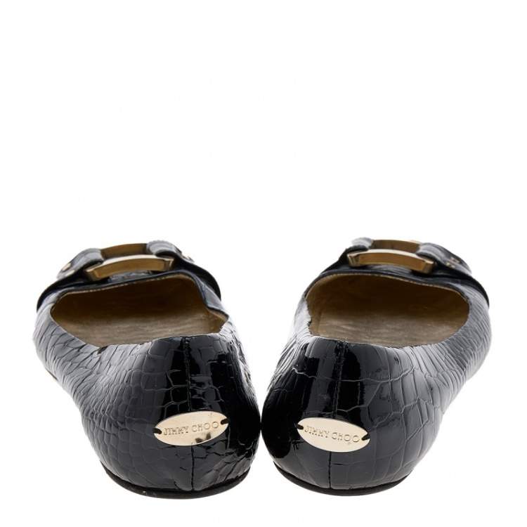 مملوكة مسبقًا Jimmy Choo Black Croc Embossed Patent Leather Morse Buckle Ballet Flats Size 39