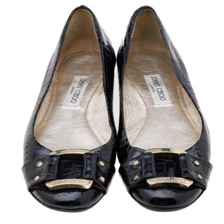 مملوكة مسبقًا Jimmy Choo Black Croc Embossed Patent Leather Morse Buckle Ballet Flats Size 39
