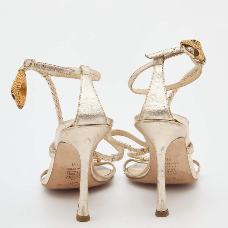Pre Owned Jimmy Choo Metallic Gold Leather Leather Snake Embossed Ankle Strap Sandals Size 38