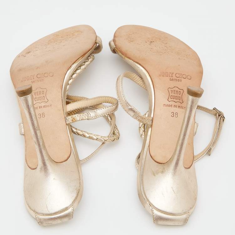 Pre Owned Jimmy Choo Metallic Gold Leather Leather Snake Embossed Ankle Strap Sandals Size 38