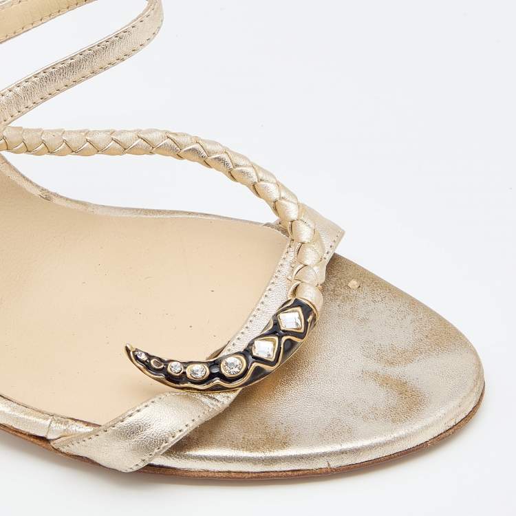 Pre Owned Jimmy Choo Metallic Gold Leather Leather Snake Embossed Ankle Strap Sandals Size 38