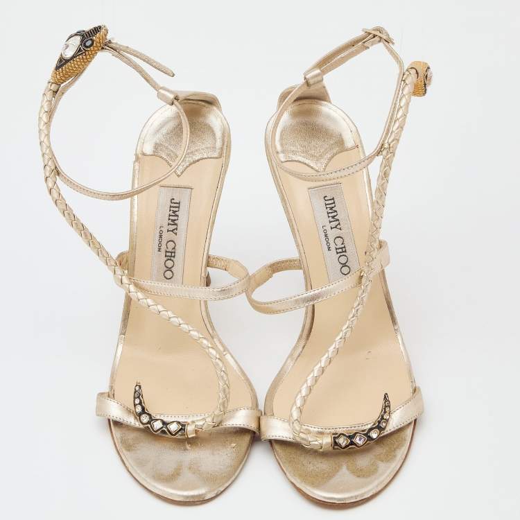 Pre Owned Jimmy Choo Metallic Gold Leather Leather Snake Embossed Ankle Strap Sandals Size 38