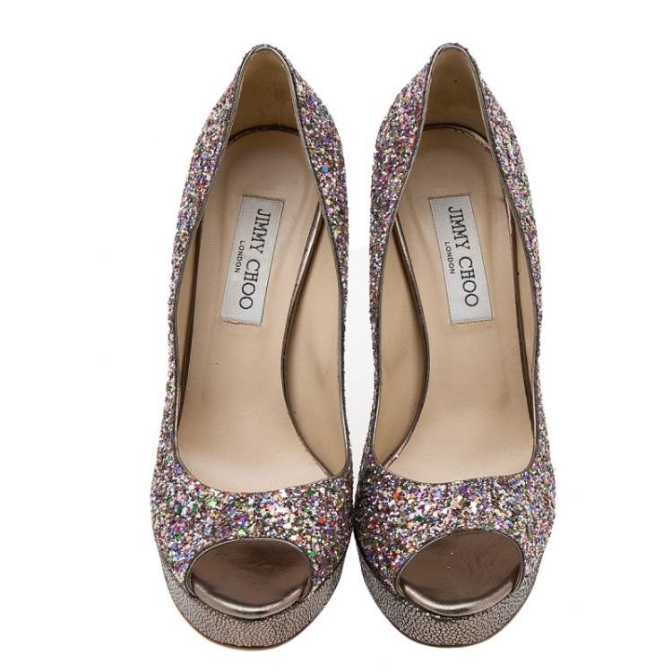 Pre Owned Jimmy Choo Multicolor Glitter Vibe Peep Toe Platform Pumps Size 38.5