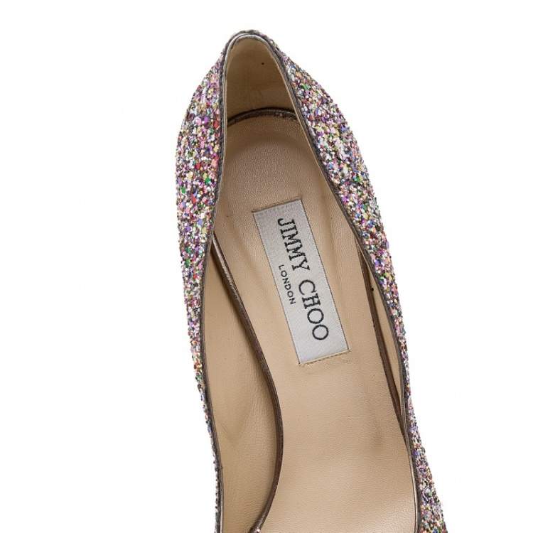 Pre Owned Jimmy Choo Multicolor Glitter Vibe Peep Toe Platform Pumps Size 38.5