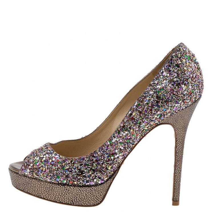 Pre Owned Jimmy Choo Multicolor Glitter Vibe Peep Toe Platform Pumps Size 38.5