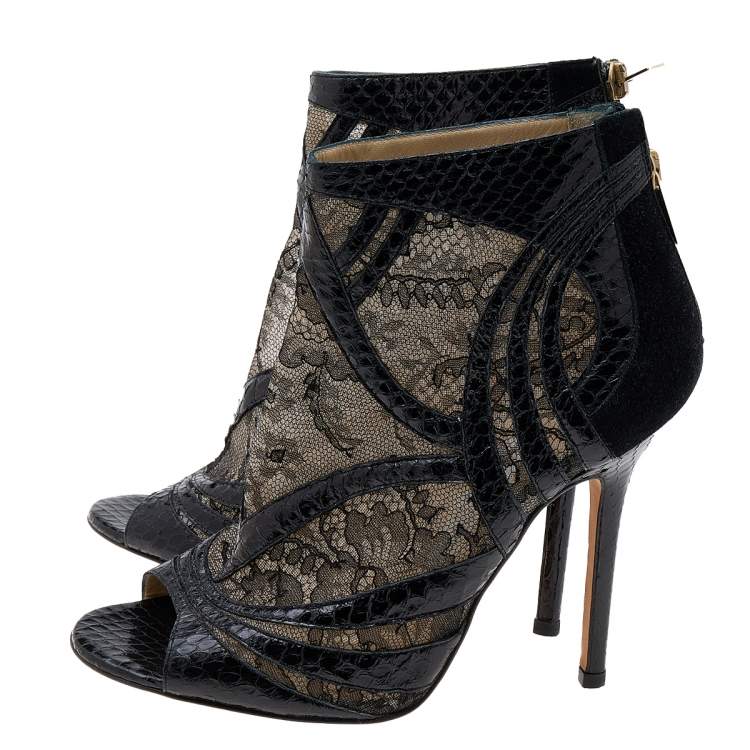 Pre Owned Jimmy Choo Black Snakeskin and Lace Peep Toe Booties Size 37.5