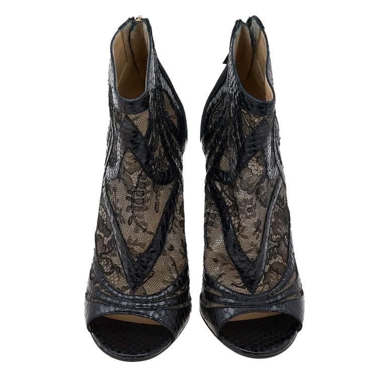 Pre Owned Jimmy Choo Black Snakeskin and Lace Peep Toe Booties Size 37.5