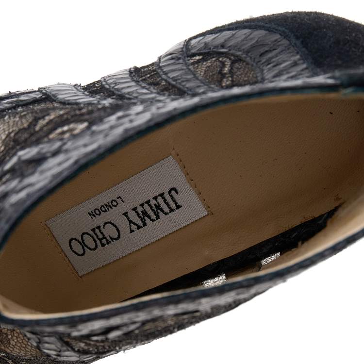 Pre Owned Jimmy Choo Black Snakeskin and Lace Peep Toe Booties Size 37.5