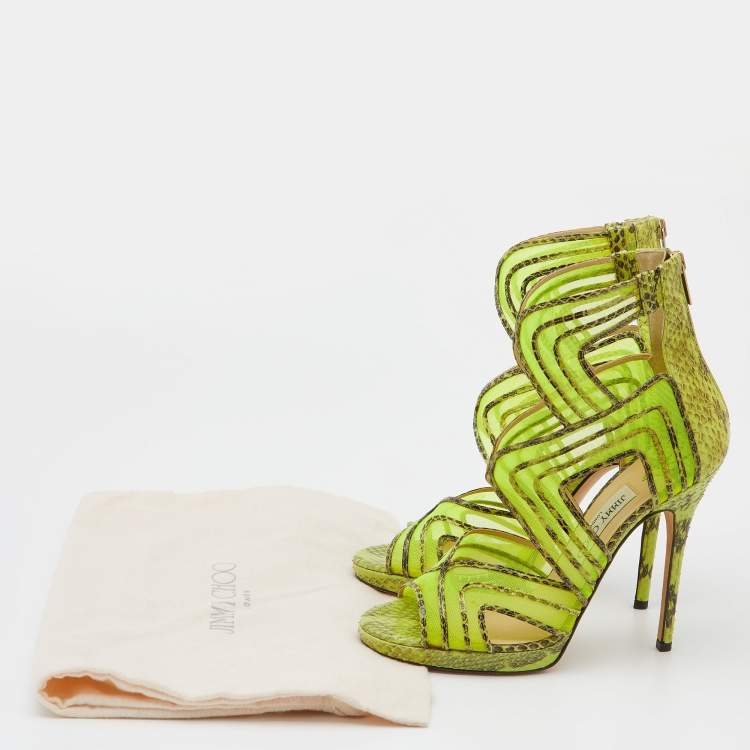 Pre Owned Jimmy Choo Neon Green Python And Mesh Cutout Magnum Sandals Size 39