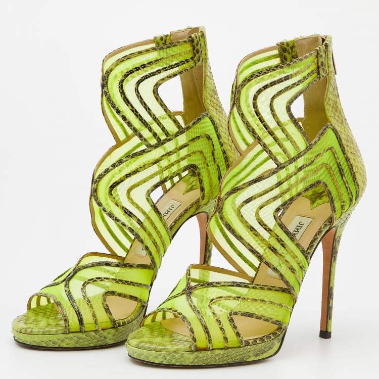 Pre Owned Jimmy Choo Neon Green Python And Mesh Cutout Magnum Sandals Size 39