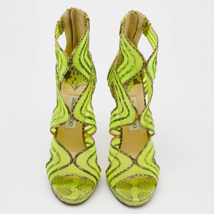 Pre Owned Jimmy Choo Neon Green Python And Mesh Cutout Magnum Sandals Size 39