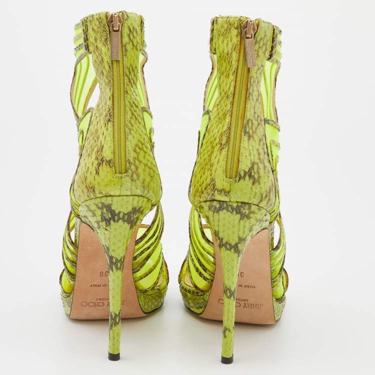 Pre Owned Jimmy Choo Neon Green Python And Mesh Cutout Magnum Sandals Size 39