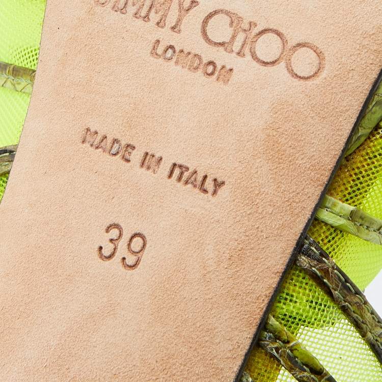Pre Owned Jimmy Choo Neon Green Python And Mesh Cutout Magnum Sandals Size 39