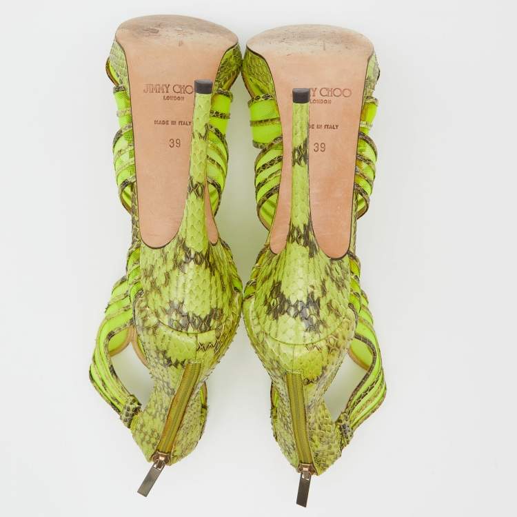 Pre Owned Jimmy Choo Neon Green Python And Mesh Cutout Magnum Sandals Size 39