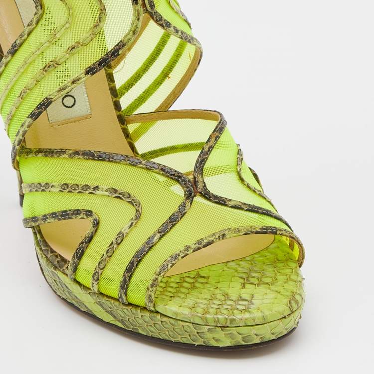 Pre Owned Jimmy Choo Neon Green Python And Mesh Cutout Magnum Sandals Size 39