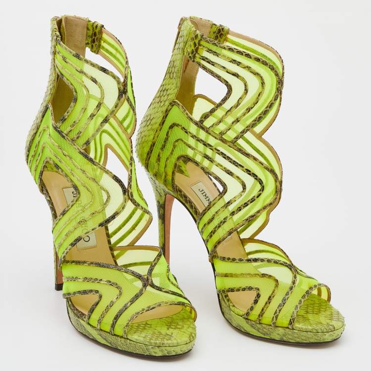 Pre Owned Jimmy Choo Neon Green Python And Mesh Cutout Magnum Sandals Size 39