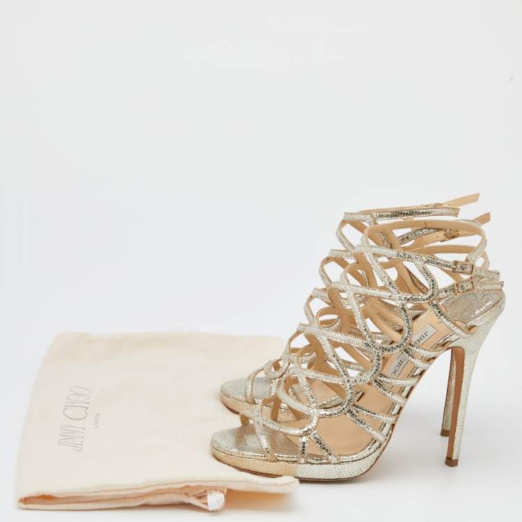 Pre Owned Jimmy Choo Gold Metallic Cracked Leather Zinc Strappy Sandals Size 40