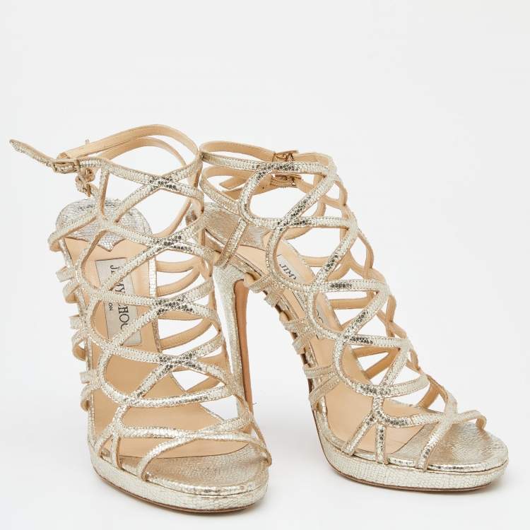 Pre Owned Jimmy Choo Gold Metallic Cracked Leather Zinc Strappy Sandals Size 40