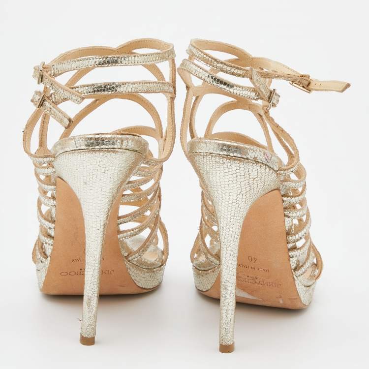 Pre Owned Jimmy Choo Gold Metallic Cracked Leather Zinc Strappy Sandals Size 40