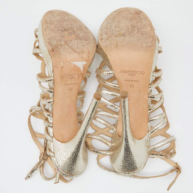 Pre Owned Jimmy Choo Gold Metallic Cracked Leather Zinc Strappy Sandals Size 40