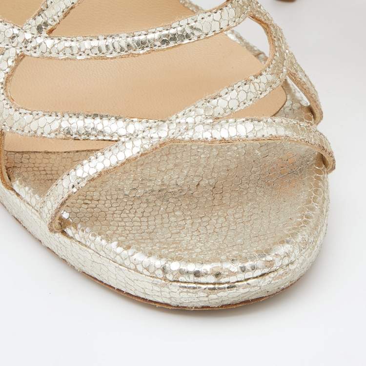Pre Owned Jimmy Choo Gold Metallic Cracked Leather Zinc Strappy Sandals Size 40