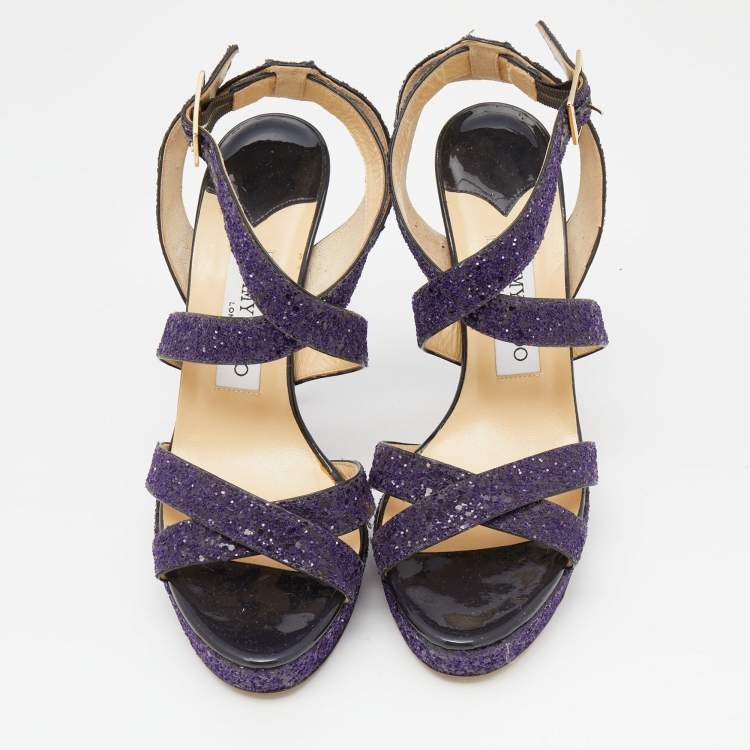 Pre Owned Jimmy Choo Purple Glitter Criss Cross Vamp Platform Sandals Size 39