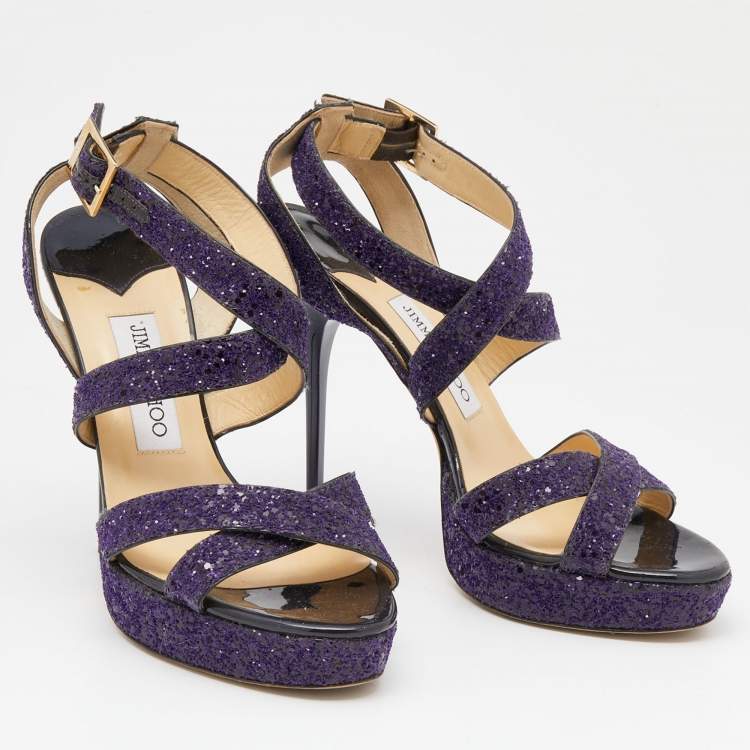 Pre Owned Jimmy Choo Purple Glitter Criss Cross Vamp Platform Sandals Size 39