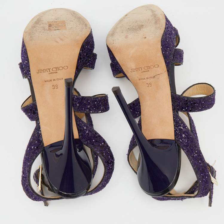 Pre Owned Jimmy Choo Purple Glitter Criss Cross Vamp Platform Sandals Size 39