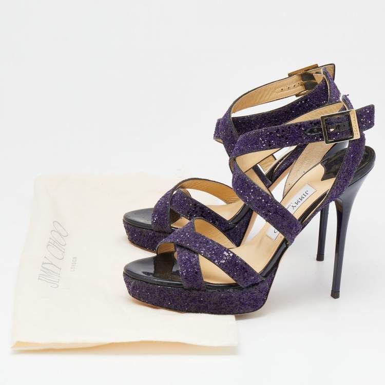 Pre Owned Jimmy Choo Purple Glitter Criss Cross Vamp Platform Sandals Size 39