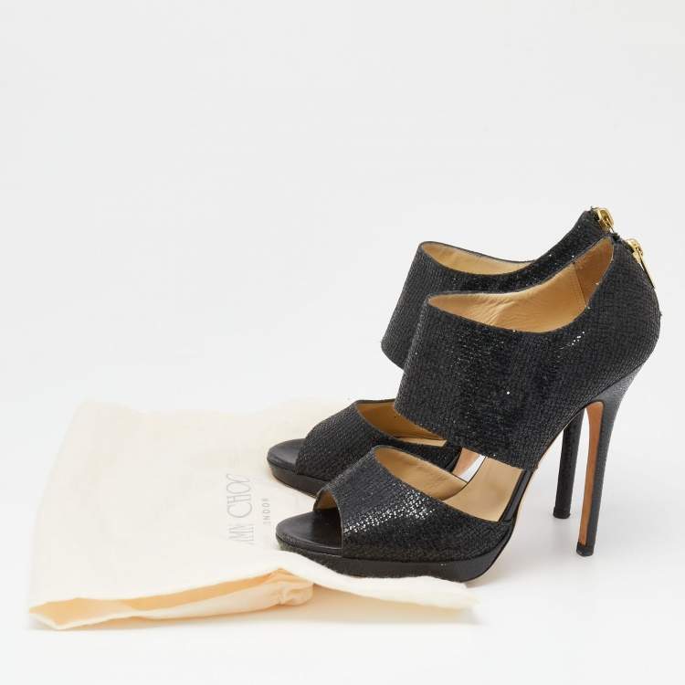 Pre Owned Jimmy Choo Black Glitter Private Platform Sandals Size 39