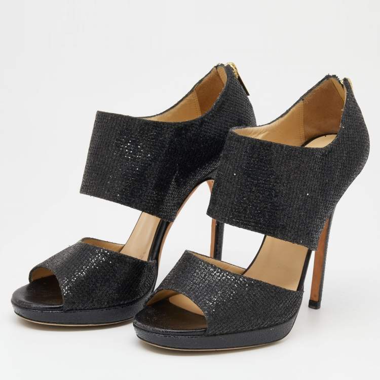 Pre Owned Jimmy Choo Black Glitter Private Platform Sandals Size 39