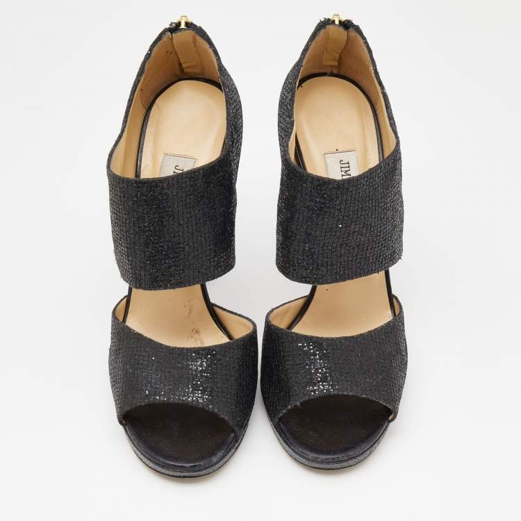 Pre Owned Jimmy Choo Black Glitter Private Platform Sandals Size 39