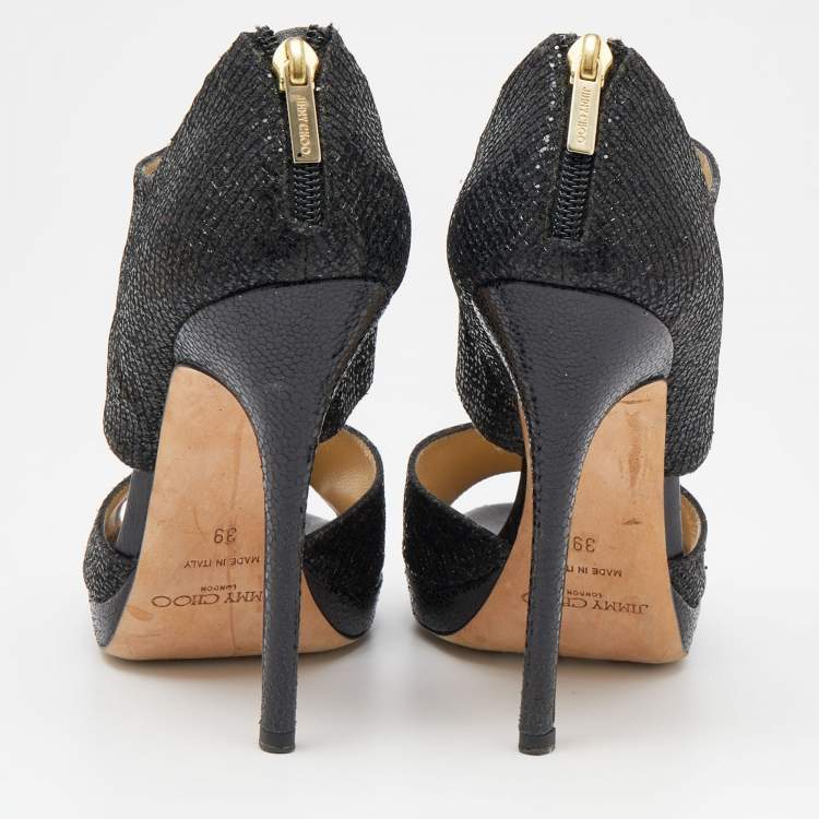 Pre Owned Jimmy Choo Black Glitter Private Platform Sandals Size 39