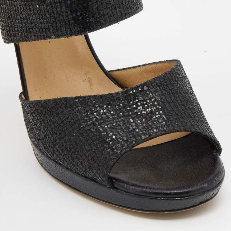 Pre Owned Jimmy Choo Black Glitter Private Platform Sandals Size 39
