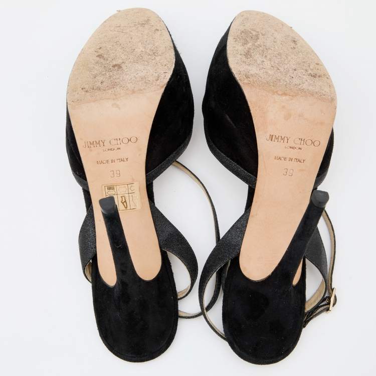 Pre Owned Jimmy Choo Black Suede and Glitter Ankle Strap Platform Sandals Size 39