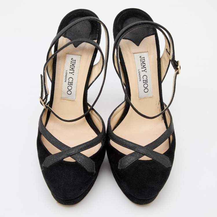 Pre Owned Jimmy Choo Black Suede and Glitter Ankle Strap Platform Sandals Size 39