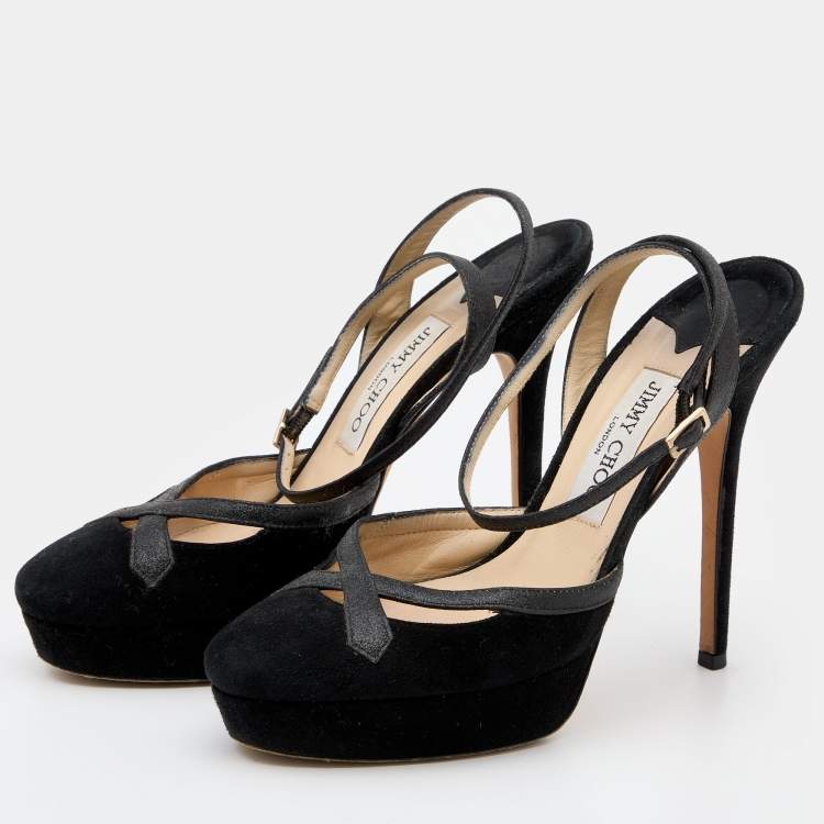 Pre Owned Jimmy Choo Black Suede and Glitter Ankle Strap Platform Sandals Size 39