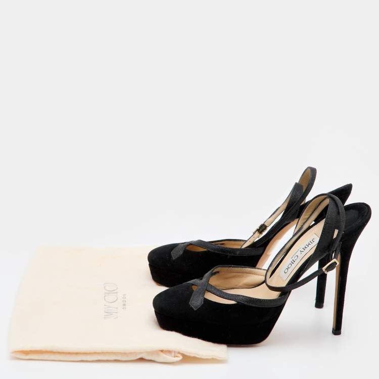 Pre Owned Jimmy Choo Black Suede and Glitter Ankle Strap Platform Sandals Size 39