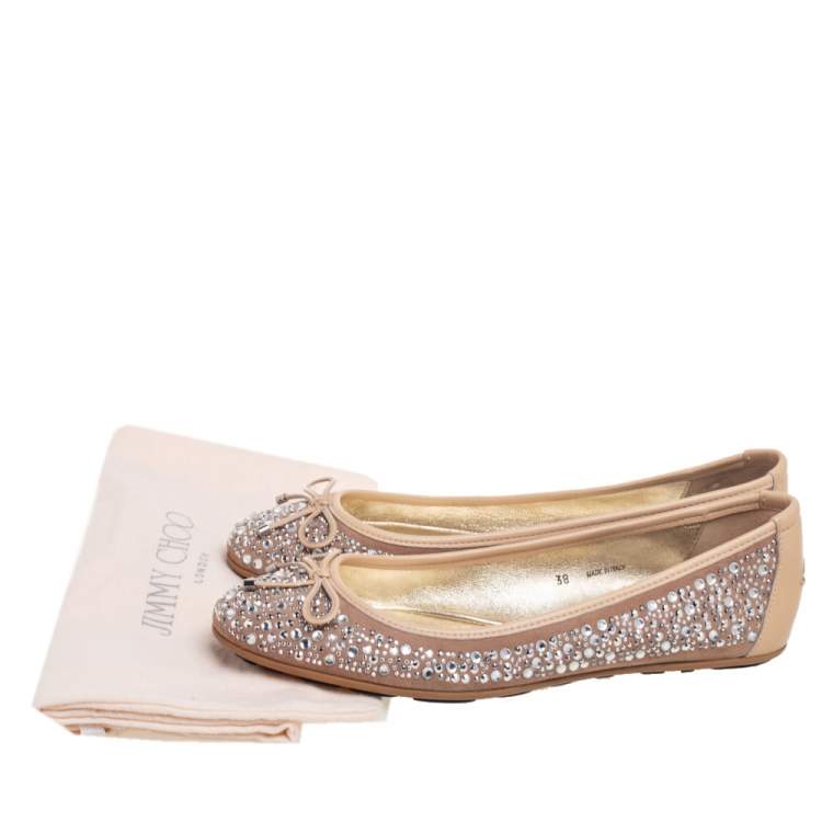 Pre Owned Jimmy Choo Beige Leather Crystal Embellished Ballet Flats Size 38