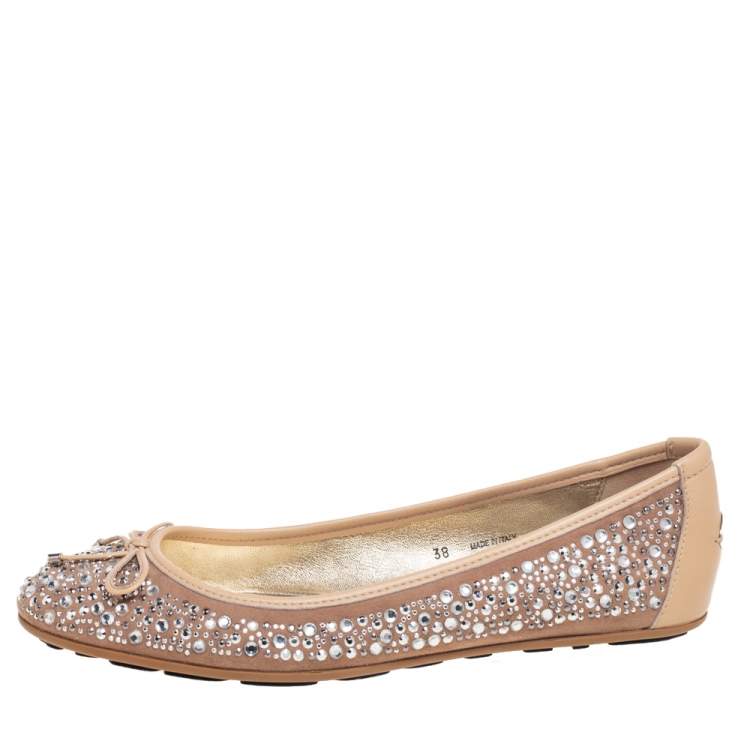 Pre Owned Jimmy Choo Beige Leather Crystal Embellished Ballet Flats Size 38
