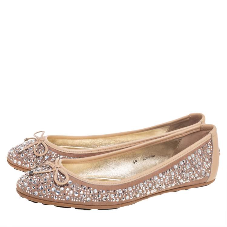 Pre Owned Jimmy Choo Beige Leather Crystal Embellished Ballet Flats Size 38