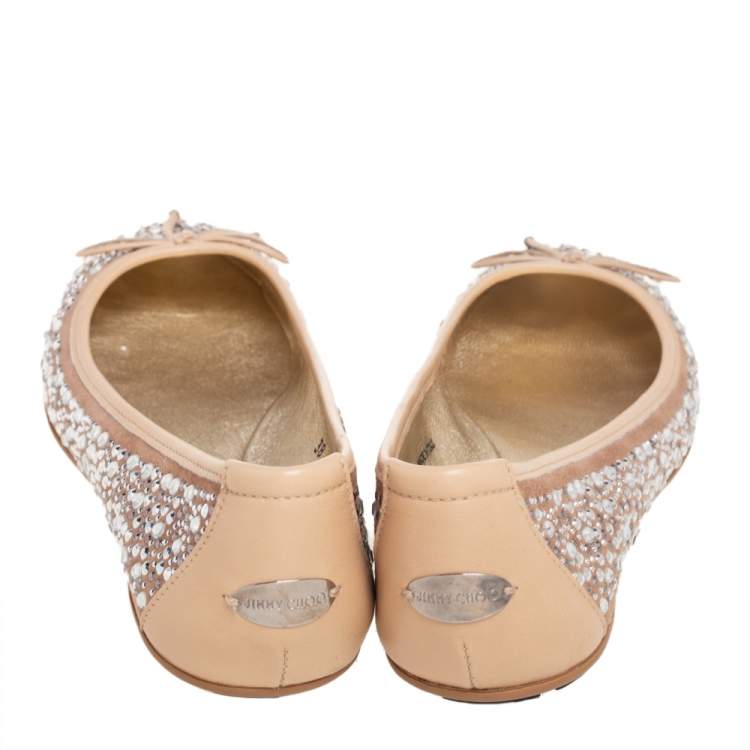 Pre Owned Jimmy Choo Beige Leather Crystal Embellished Ballet Flats Size 38