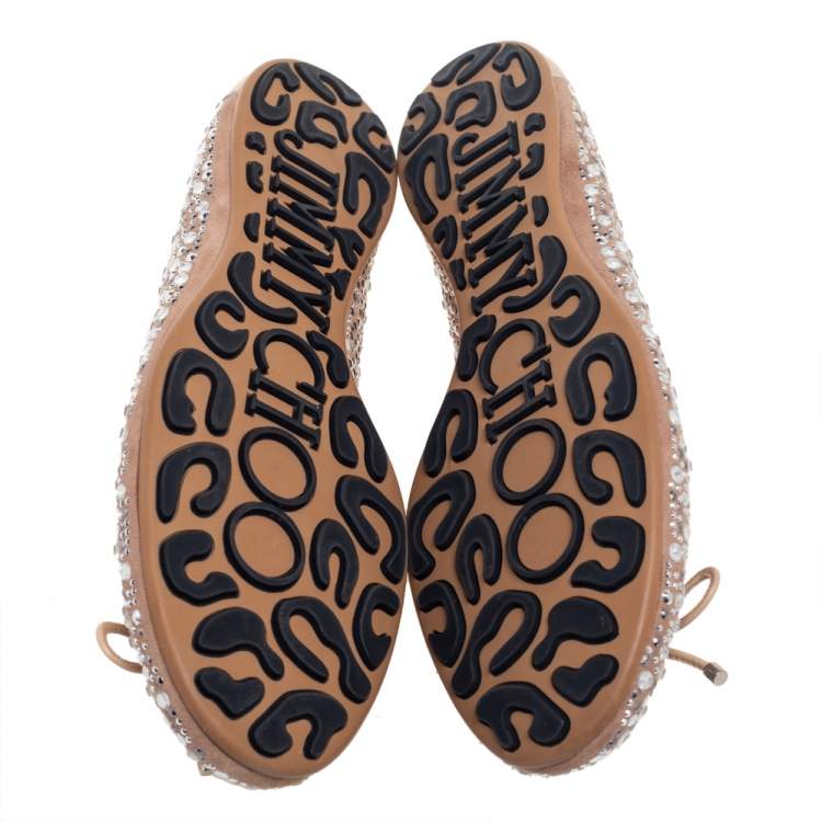 Pre Owned Jimmy Choo Beige Leather Crystal Embellished Ballet Flats Size 38