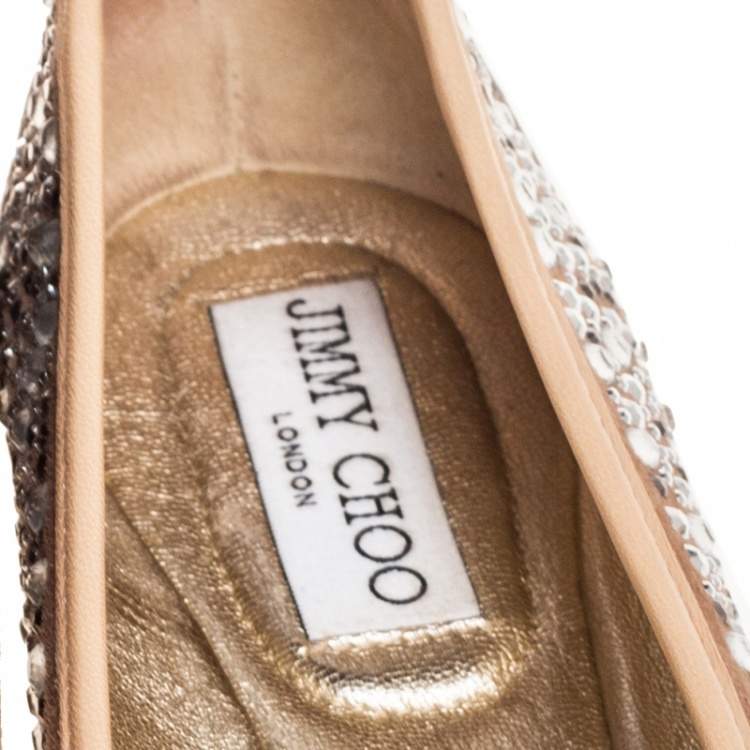 Pre Owned Jimmy Choo Beige Leather Crystal Embellished Ballet Flats Size 38